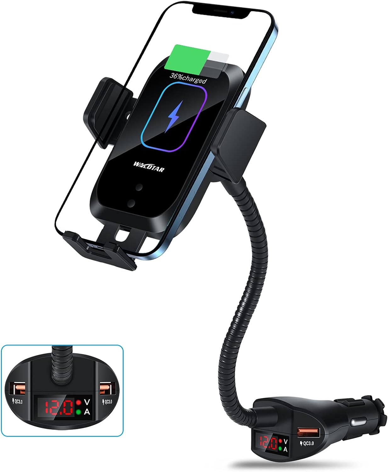 Car Cigarette Lighter Wireless Charger- Phone Holder Mount,Automatic Infrared Smart Sensing 15W Qi Fast Wireless Charging Cradle for Cell Phone,Dual USB, Double QC3.0 Output