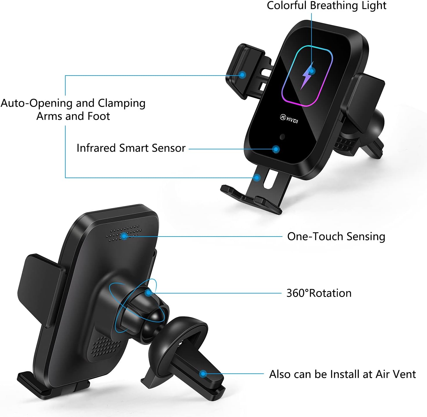 Wireless Car Charger-Cup Holder Phone Mount,Automatic Infrared Smart Sensor Clamping Qi 15W Fast Universal Adjustable Cell Phone Wireless Charging Air Vent Cradle