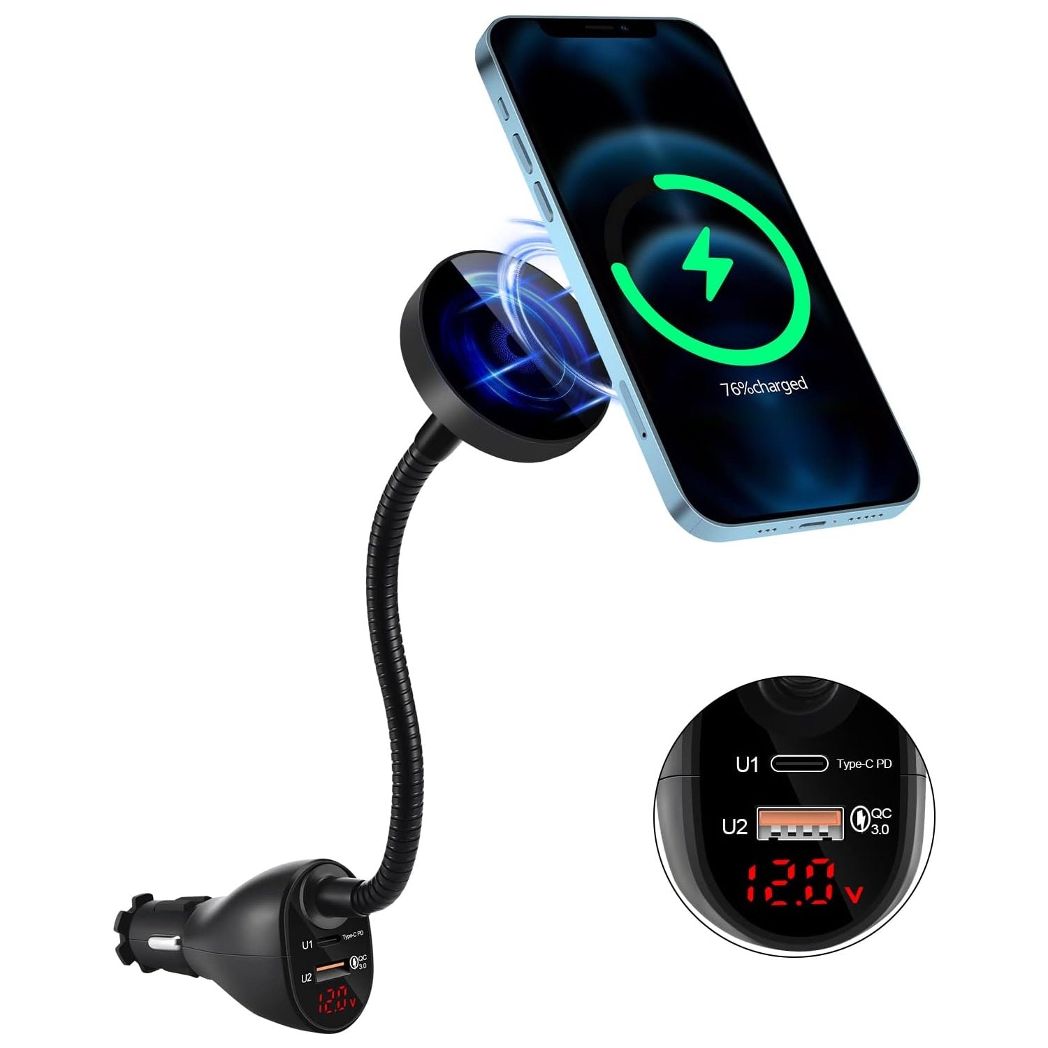 Mag-Safe 15W Car Cigarette Lighter Wireless Charger, Magnetic Auto-Alignment Air Vent Mount Holder with Dual Port PD&QC3.0 Fast Charging for iPhone 15/14/13/12 Series