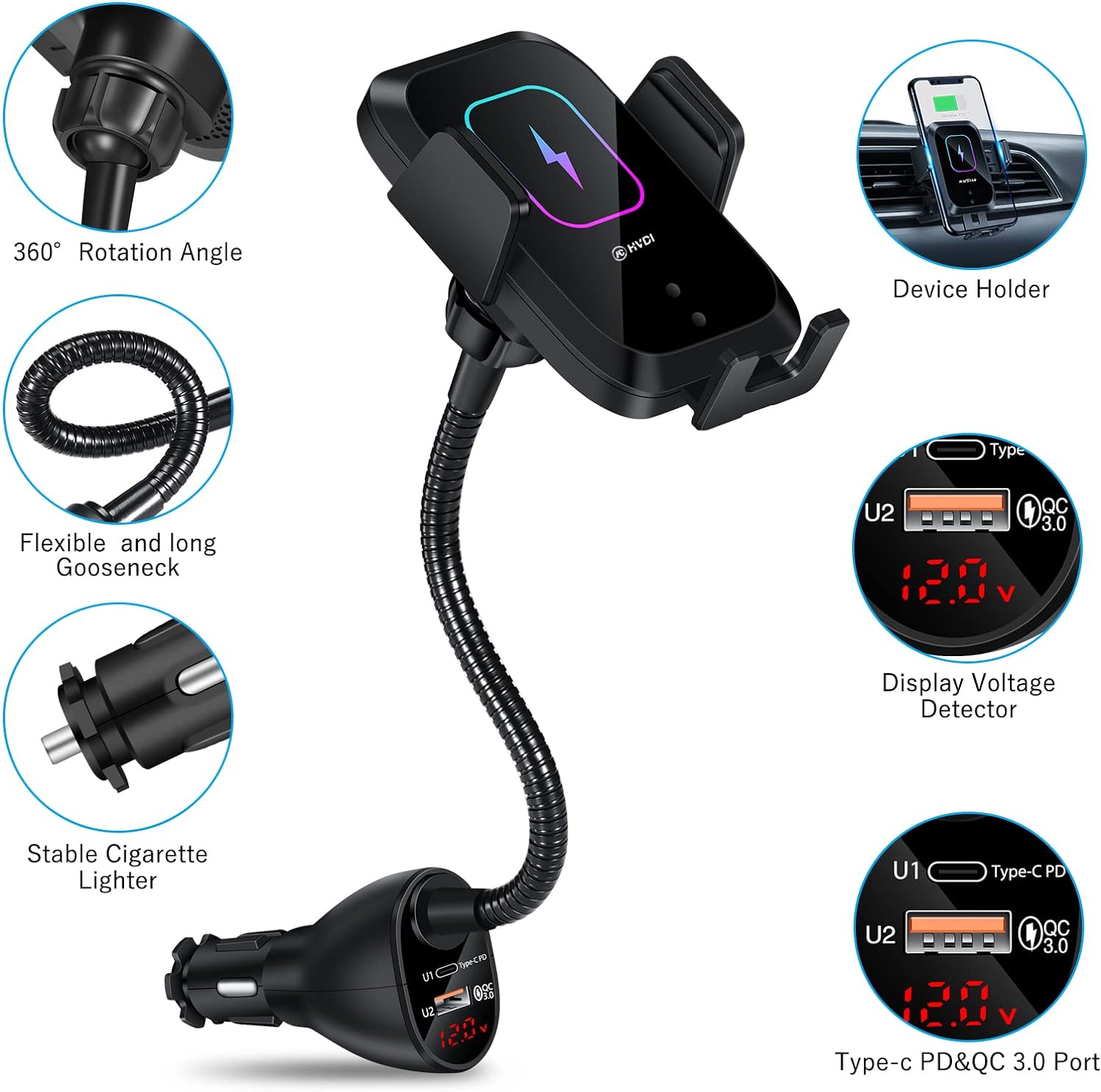 Wireless Car Charger Mount,Car Cigarette Lighter 15W Qi Fast Charging Auto-Clamping Dual QC 3.0 Port Air Vent Car Charger Phone Holder, for iPhone 15/14/13/12/11/XR/X/8 series, Samsung S21/S20/S10/9/8