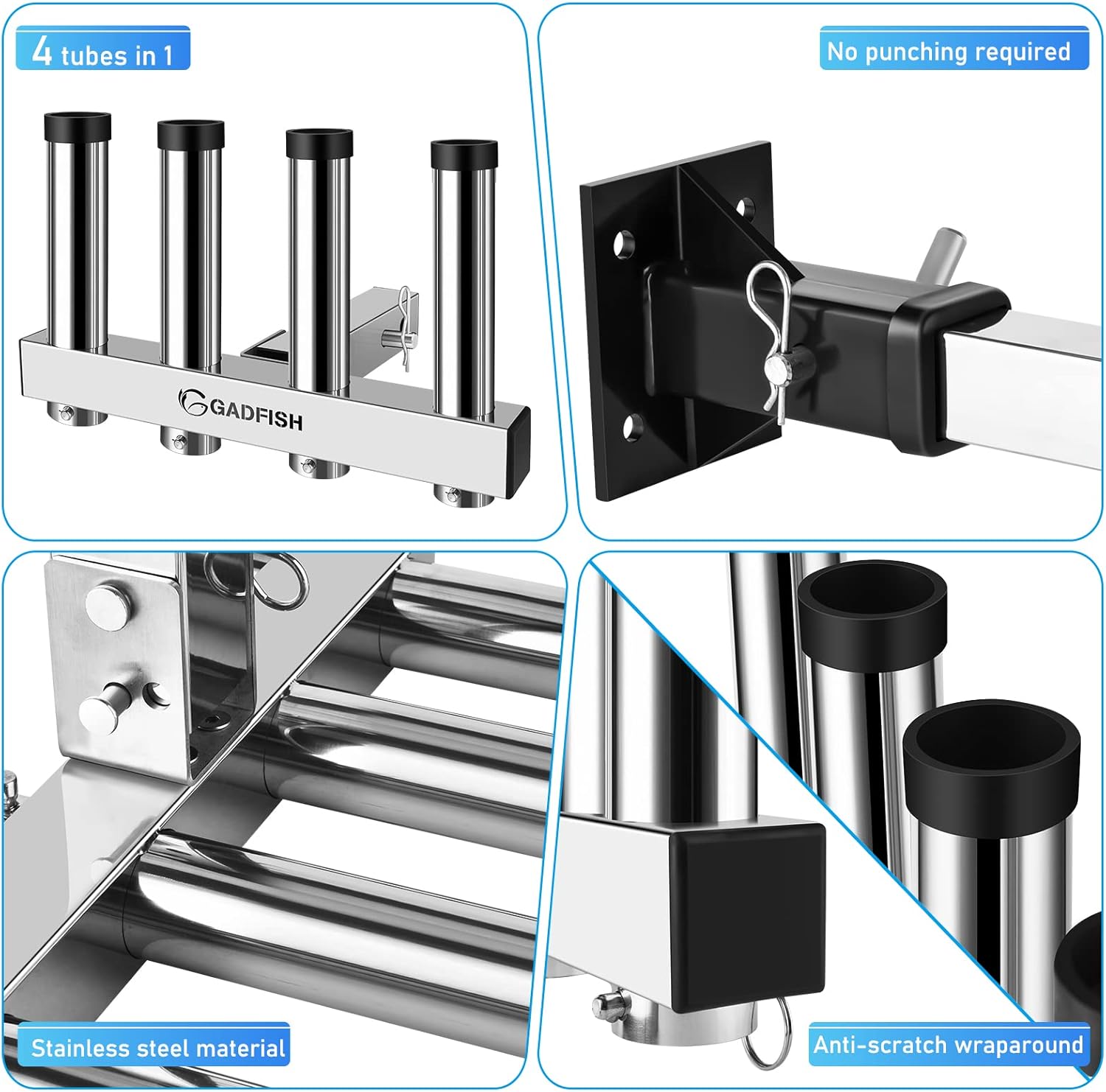 Stainless Steel Hitch Fishing Rod Holder, Hitch Mount Rod Holder, 4 Li GADFISH.com Stainless Steel Hitch Fishing Rod Holder, Hitch Mount Rod Holder, 4 Li GADFISH.com