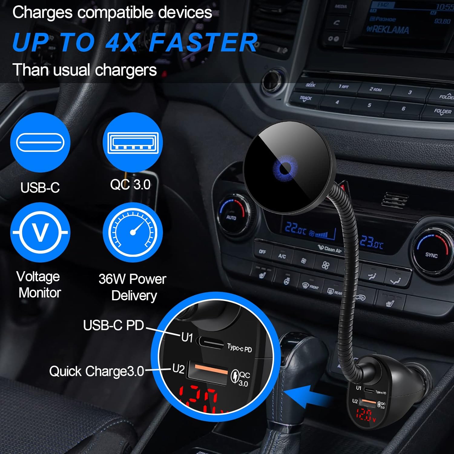 Mag-Safe 15W Car Cigarette Lighter Wireless Charger, Magnetic Auto-Alignment Air Vent Mount Holder with Dual Port PD&QC3.0 Fast Charging for iPhone 15/14/13/12 Series