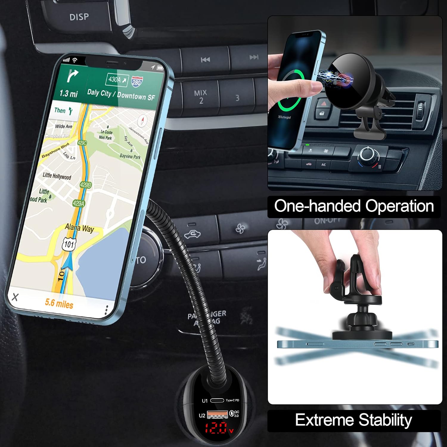 Mag-Safe 15W Car Cigarette Lighter Wireless Charger, Magnetic Auto-Alignment Air Vent Mount Holder with Dual Port PD&QC3.0 Fast Charging for iPhone 15/14/13/12 Series