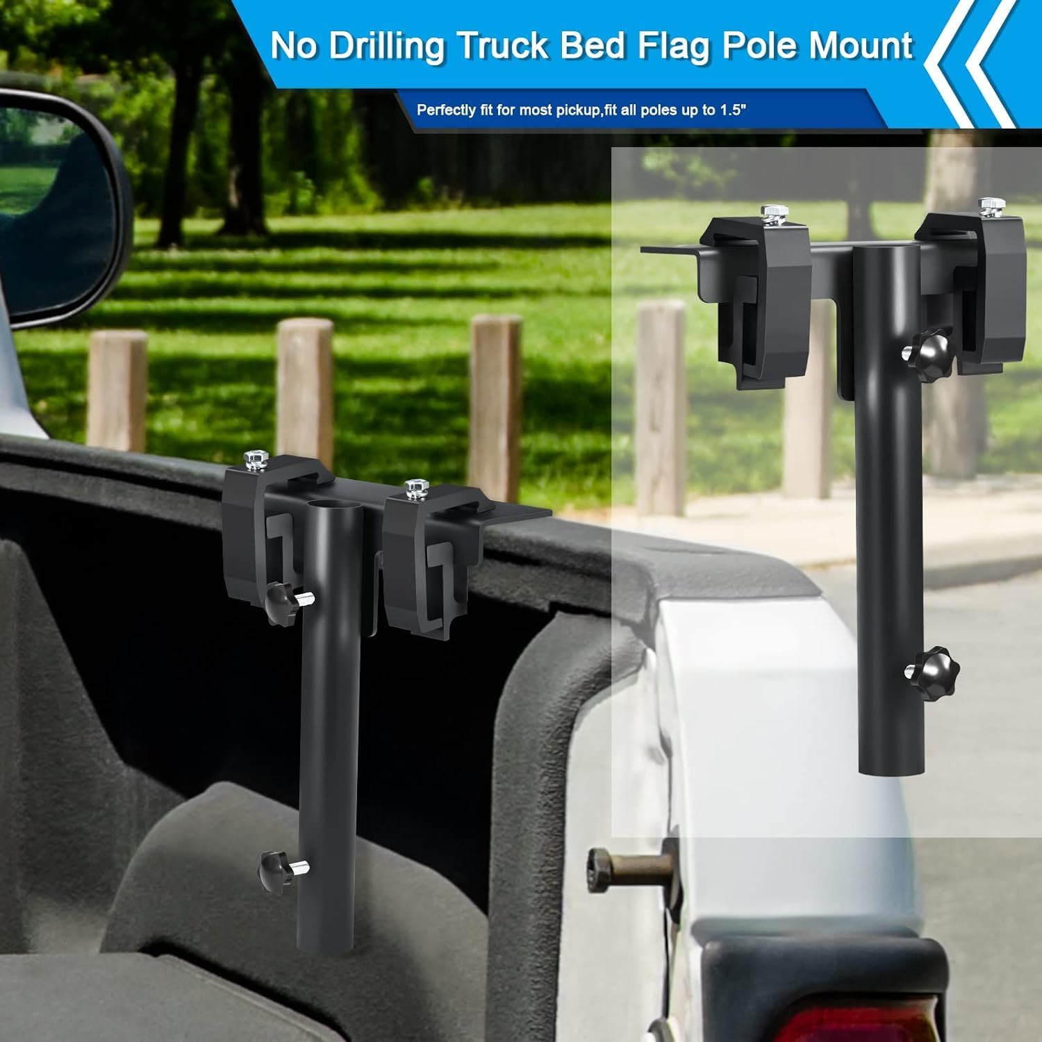 No Drilling Side Flag Pole Mount Kit for Truck Bed,Universal Black Flagpole Holder Fit Up to 1.5" Pole