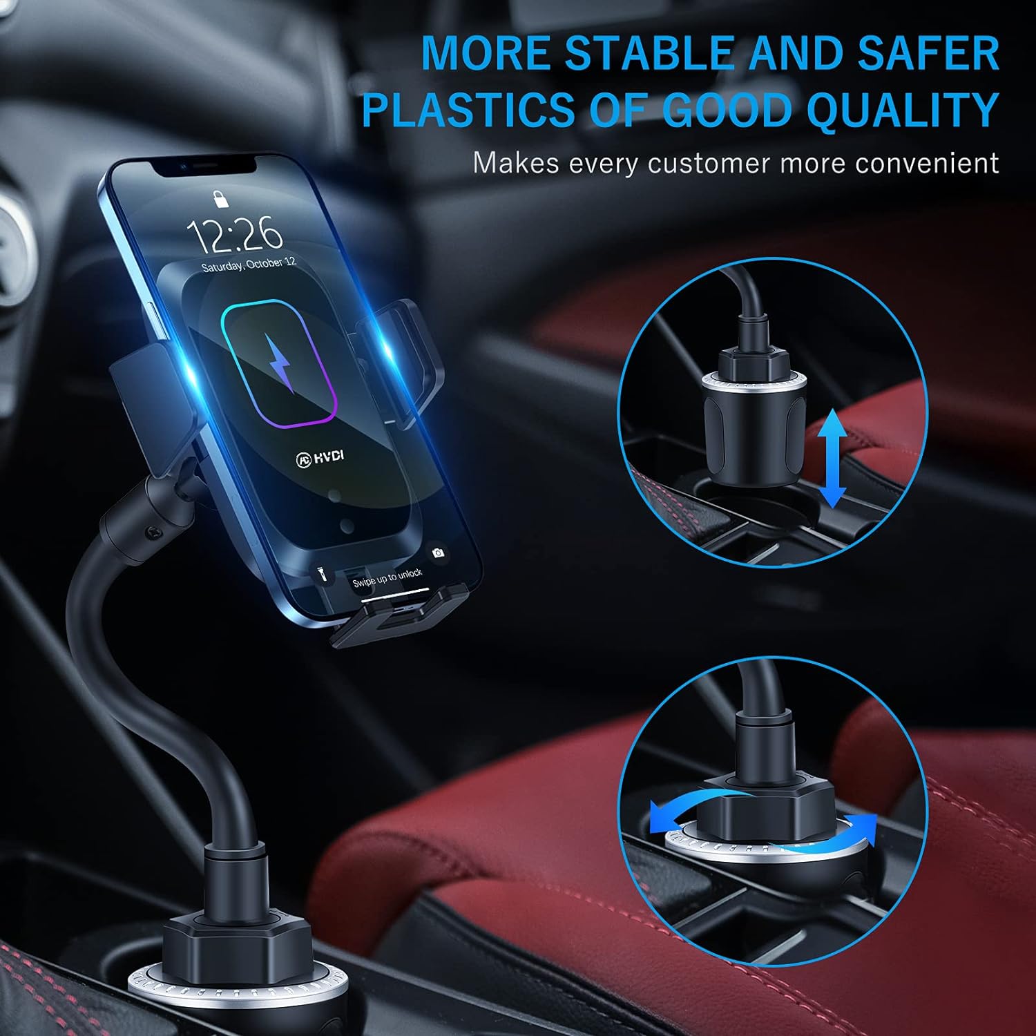 Wireless Car Charger-Cup Holder Phone Mount,Automatic Infrared Smart Sensor Clamping Qi 15W Fast Universal Adjustable Cell Phone Wireless Charging Air Vent Cradle